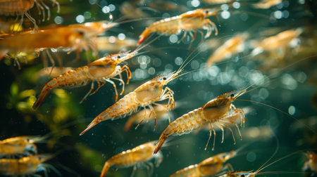 Beneath the Sparkling Surface, Shrimp Glide Gracefully Through a Vibrant Underwater World, Illuminated Beautifully by Daylight. Generative AIの素材