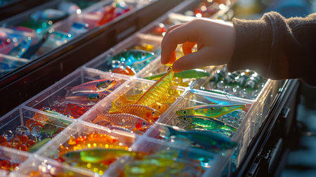 Enthusiastic Angler Selecting Colorful Fishing Lures at Sunny Outdoor Market Near the Lake. Generative AIの素材