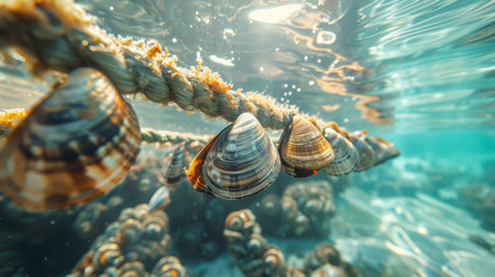 Clams Hanging From Ropes in Clear Water Under Bright Sunlight in a Coastal Location During the Afternoon. Generative AIの素材