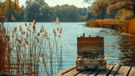 Vintage Chest Filled With Colorful Objects Sits on Wooden Dock Beside Serene Lake Surrounded by Autumn Foliage During Sunny Afternoon. Generative AIの素材
