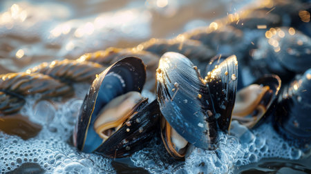 Beautiful Close Up of Mussels Resting on a Rope in the Ocean With Soft Waves Shimmering in the Morning Sunlight. Generative AIの素材