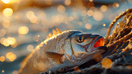 Fish Caught at Sunset on a Serene Beach, Showcasing Shimmering Scales and Vibrant Colors Against a Sparkling Backdrop. Generative AIの素材