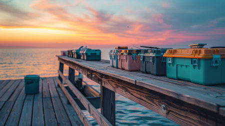 Fishing Gear Awaits Sunset at the Tranquil Lake Dock With Colorful Tackle Boxes Nestled Along the Wooden Planks. Generative AIの素材