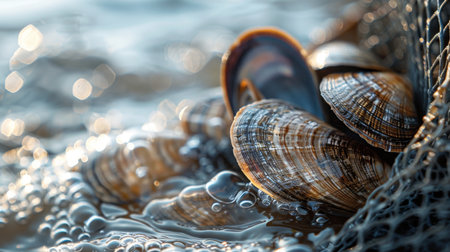 Clams Resting in a Net as Sunlight Reflects off Shallow Water During Low Tide Near the Coast. Generative AIの素材
