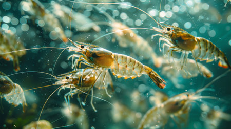 Aquatic Life Showcases Vibrant Shrimp Swimming in a Serene Underwater Environment During Daylight Hours. Generative AIの素材