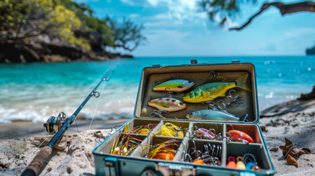 Fishing Gear Rests on Sandy Beach Near Turquoise Water, Showcasing Colorful Lures and Catch While Lush Greenery Frames the Tropical Paradise. Generative AIの素材