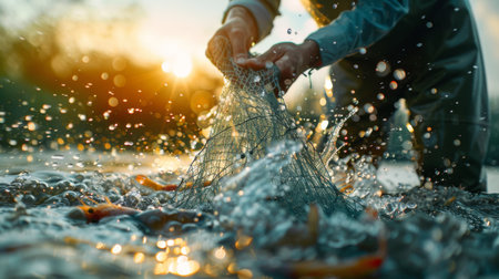 Fisherman Casts a Net in a River at Sunset, Capturing Fish Amid Splashes of Water and Vibrant Colors. Generative AIの素材