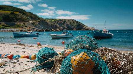 Fishing Boats Anchored on a Sandy Beach With Nets and Buoys During a Bright Sunny Day. Generative AIの素材