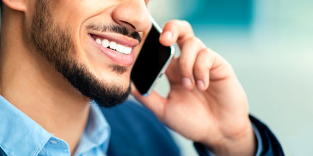 Cropped of smiling arab businessman talking on cellphone