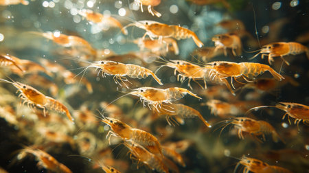 Underwater View of a Large Group of Orange Shrimp Swimming in Clear Water During Daylight. Generative AIの素材
