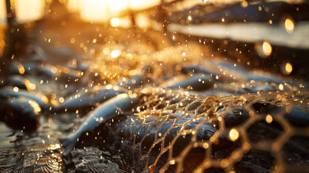 Catching Fish at Sunset Near the Shoreline With Sparkling Water Droplets Glistening in the Evening Light. Generative AIの素材