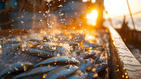 Vibrant Sunset Over Fishing Boat Filled With Fresh Catches Highlighting Daily Marine Activities and the Beauty of Nature. Generative AIの素材