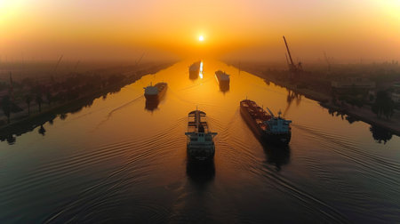 Majestic Sunset Over a Busy Canal With Cargo Ships Navigating the Waterway in a Serene Atmosphere. Generative AIの素材