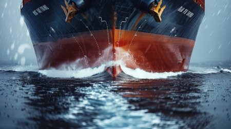 Large Cargo Ship Navigating Through Rough Waters During a Stormy Evening as Waves Crash Against Its Bow. Generative AIの素材