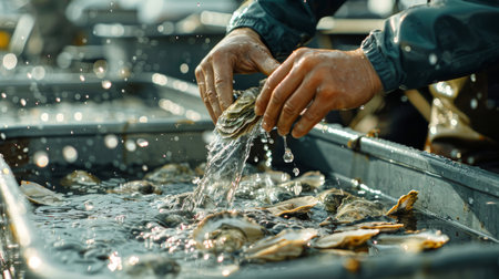 Hands Carefully Washing Freshly Harvested Oysters in a Seafood Processing Facility at Mid Morning on a Busy Production Day. Generative AIの素材