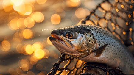 Brown Trout Caught in Net Glimmering in Evening Sunlight Near the Waters Edge at a Serene Fishing Location. Generative AIの素材