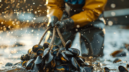 Mussel Harvesting in a Coastal Area by a Worker Wearing Protective Gear During Sunny Weather While Holding a Rope Tightly. Generative AIの素材