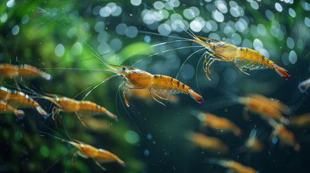 Vibrant Shrimp Swimming Gracefully Through a Lush Aquatic Environment During a Sunny Day. Generative AIの素材