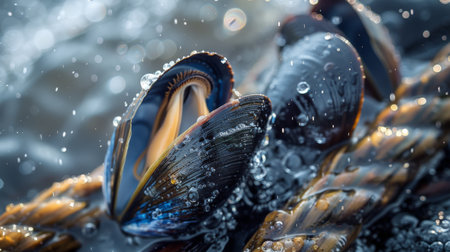 Colorful Mussels Open on a Wet Rope Submerged in Water at a Coastal Location During a Sunny Day. Generative AIの素材