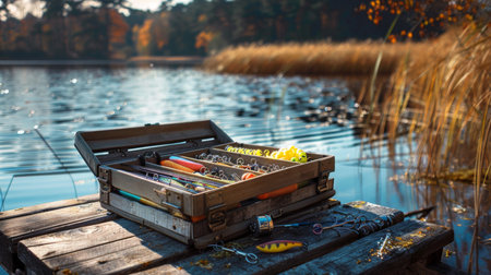 Fishing Tackle Box on a Wooden Pier With Autumn Trees and Calm Water in the Background During Late Afternoon Light. Generative AIの素材