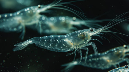 Underwater Glimpse of Translucent Shrimp Swimming Gracefully in a Serene Marine Environment With Soft Lighting. Generative AIの素材