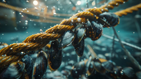 Mussels Are Firmly Attached to Ropes in an Underwater Farm, Basking in the Sunlight on a Beautiful Day Near the Coast. Generative AIの素材