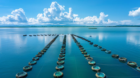 Lush Aquaculture Farm Surrounded by Serene Waters Under a Stunning Sky With Clouds in a Coastal Area During Daytime. Generative AIの素材