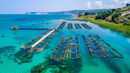Vibrant Aquaculture Platforms in Crystal Clear Waters Under a Bright Blue Sky Near a Tranquil Coastal Area. Generative AIの素材