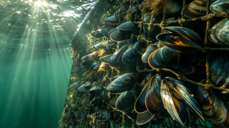 Underwater View of a Mussel Farm Near the Coast Showcasing Aquatic Life and Sustainable Fishing Practices in Clear Blue Waters. Generative AIの素材