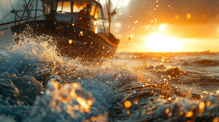 Golden Sunset Reflected on Ocean Waves as Fishing Boat Navigates the Water in Early Evening Hours Near the Coast. Generative AIの素材