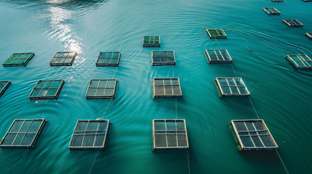 Floating Aquaculture Platforms Provide a Sustainable Method for Cultivating Fish in a Calm Coastal Environment During the Golden Hour. Generative AIの素材