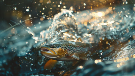 A Lively Brown Trout Breaks the Surface of a Shimmering River Early in the Morning as an Angler Tries to Reel It in During a Peaceful Fishing Expedition. Generative AIの素材