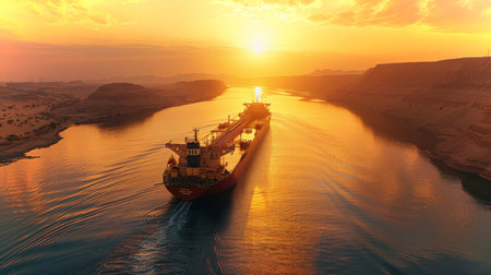 Cargo Ship Navigating a River at Sunset With Vibrant Colors and Reflections in the Water. Generative AIの素材