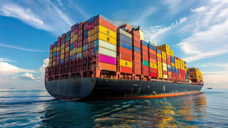 Massive Container Ship Navigates Calm Waters Under a Bright Blue Sky While Transporting Cargo to Distant Ports. Generative AIの素材