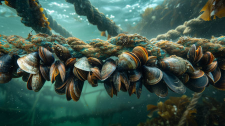 Underwater View of Mussels Growing on Submerged Ropes in a Marine Environment Rich With Kelp and Aquatic Life During Daylight Hours. Generative AIの素材