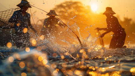 Fishermen at Sunrise Casting Nets in Shimmering Water Creating Droplets While Silhouetted Against a Golden Sky in a Tranquil Setting. Generative AIの素材