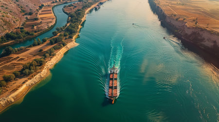 Cargo Ship Navigating a Winding River Surrounded by Lush Landscapes in the Early Morning Light. Generative AIの素材