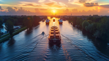 Sunset Reflection on the Water With Freight Ships Navigating Through a Canal in an Industrial Area. Generative AIの素材