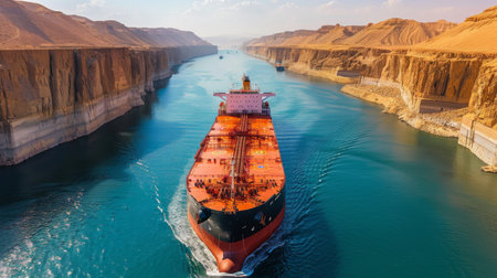 Large Cargo Ship Navigating Through Narrow Waterway Surrounded by Rocky Cliffs During Daylight in a Desert Landscape. Generative AIの素材