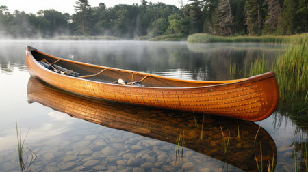 Canoe Resting Peacefully on a Calm Lake Surrounded by Lush Trees and Early Morning Mist. Generative AIの素材