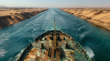 Ship Navigating Through the Suez Canal, Surrounded by Desert Landscapes and Clear Blue Waters Under a Bright Sky. Generative AIの素材