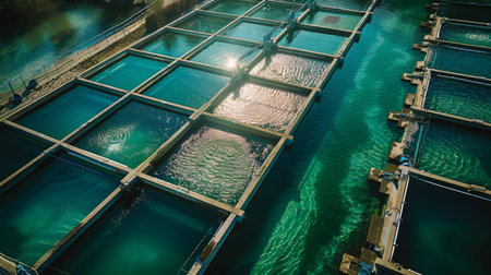 Fish Farming Facility With Aquaculture Tanks in a Bright Sunny Environment Showcasing Water Ripples and Reflections During Midday. Generative AIの素材