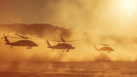 Three Military Helicopters Navigate Through Dust in a Vast Desert Landscape During Sunset, Creating an Impressive Visual Spectacle. Generative AIの素材