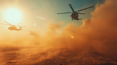 Helicopters Flying Through a Dusty Landscape During Sunset in a Military Operation Near a Conflict Zone. Generative AIの素材