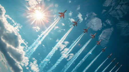 Military Jets Performing Aerial Maneuvers Against a Bright Sky Filled With Clouds During a Daytime Airshow Event. Generative AIの素材