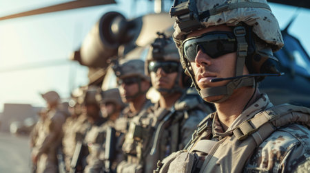 Group of Soldiers in Tactical Gear Standing in Formation During Sunset Near Military Helicopters Showing Readiness and Discipline. Generative AIの素材