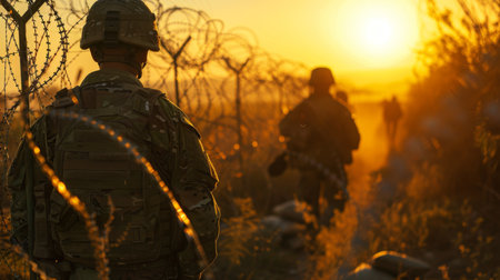 As the Sun Sets Over the Arid Landscape, Soldiers Are Seen on Patrol Near a Stretch of Barbed Wire, Highlighting the Tense Atmosphere in the Desert. This Scene Reflects the Capabilities of Generative AI Technologyの素材