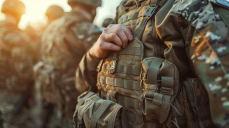 As the Sun Sets on the Horizon, Soldiers Engage in a Military Training Exercise, Meticulously Preparing for Their Upcoming Deployment, Enhanced by Generative AI Technologyの素材