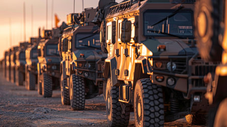 Military Vehicles Lined up at Sunset in a Training Facility Demonstrating Tactical Readiness and Preparation for Maneuvers. Generative AIの素材