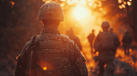 Soldiers Marching Through a Forest During Sunset, Creating a Dramatic Silhouette Against the Warm Glow of the Setting Sun. Generative AIの素材